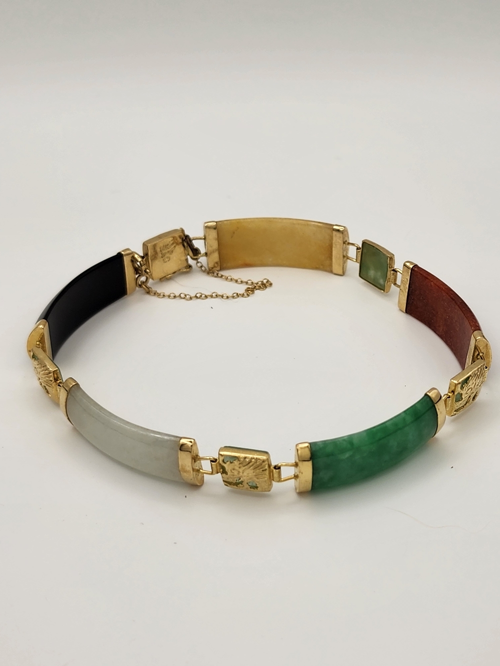 14K 585 Gold Multicolor Jade Asian Bracelet 8.5" 13g Fine Jewelry
